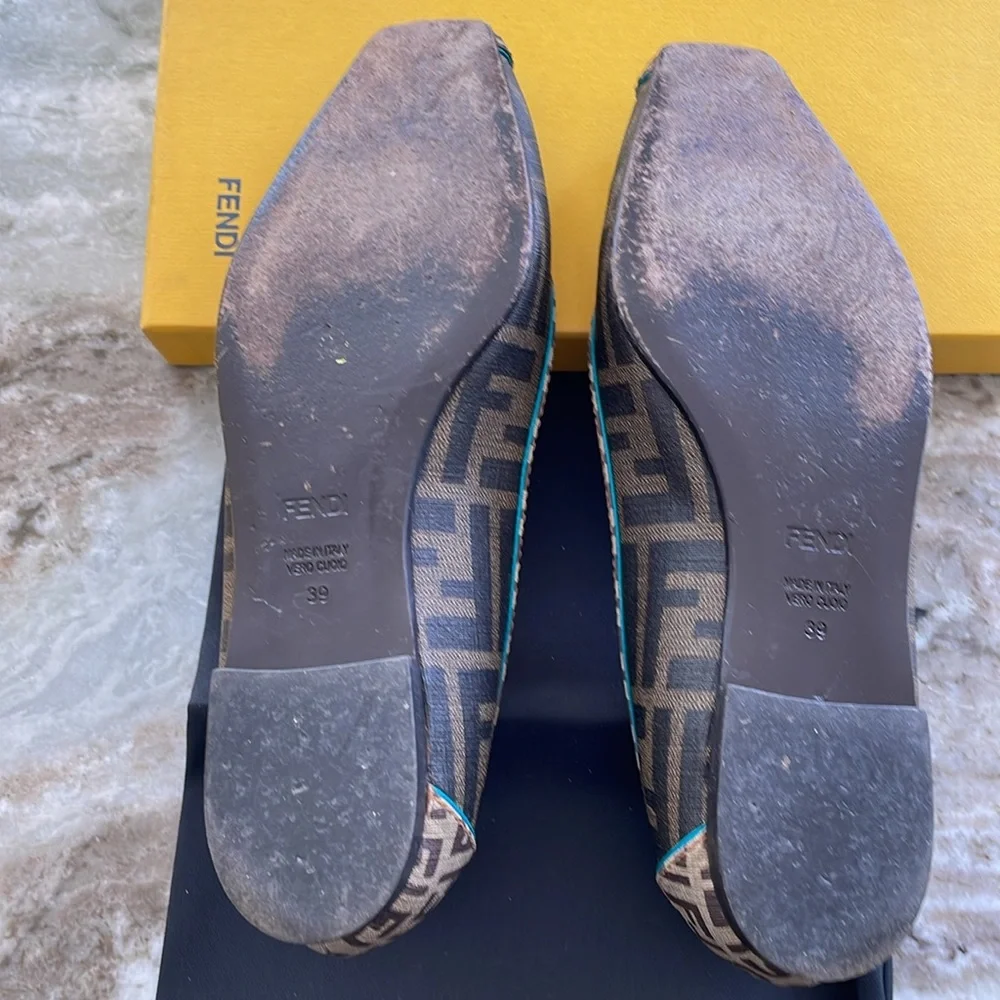 Fendi Brown Monogram Canvas Peep-Toe Flats - Picture 7 of 9
